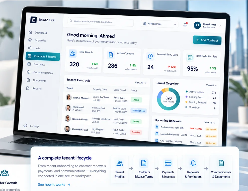 ENJAZ ERP Contracts and Tenants interface using fictional demo data