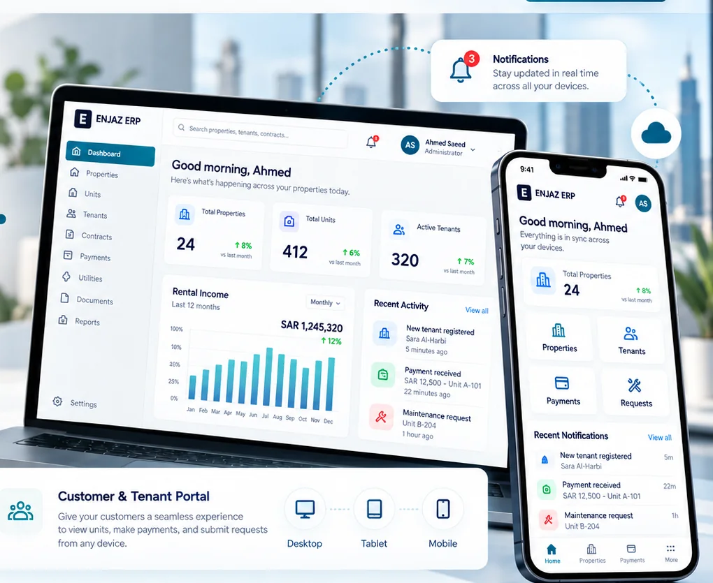 ENJAZ ERP desktop and mobile workspace visual using fictional demo data