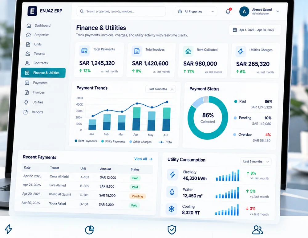 ENJAZ ERP Finance and Utilities interface using fictional demo data