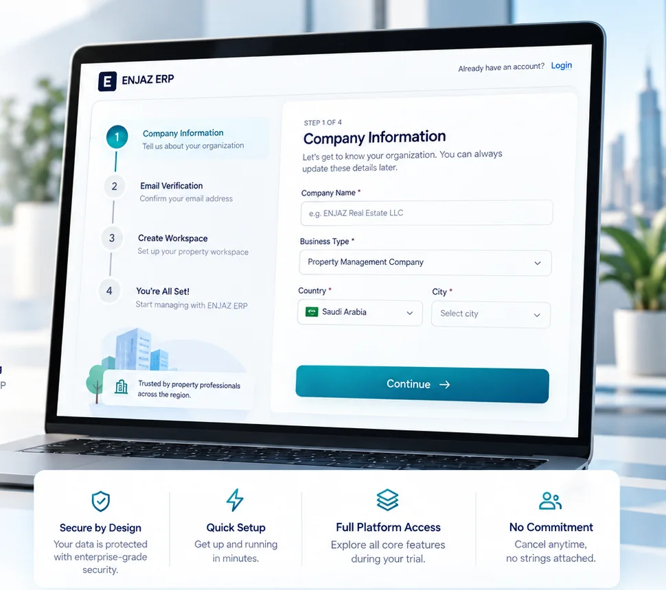 ENJAZ ERP guided trial onboarding visual using fictional demo data