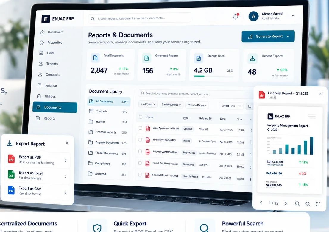 ENJAZ ERP Reports and Documents interface using fictional demo data