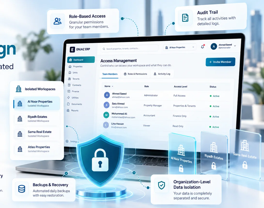 ENJAZ ERP security and access-management visual using fictional demo data